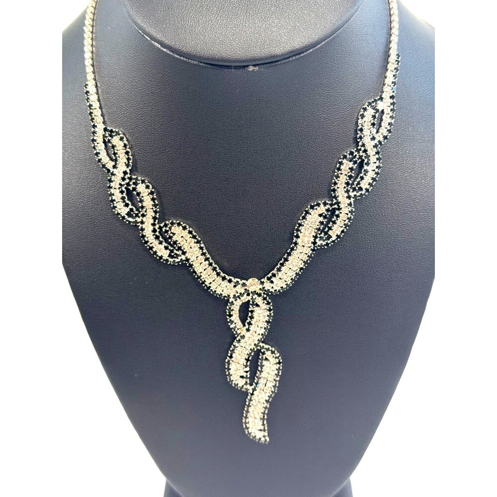 Vintage Bright Shiny Black Clear Rhinestone Twist Statement Choker Bib Necklace - Picture 2 of 7